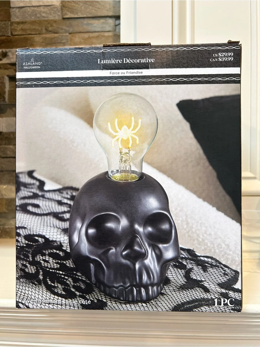 Ashland Black Skull Accent Light-Up Decoration with Spider Bulb